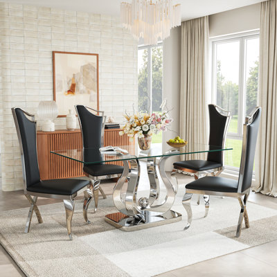 Modern 69" Rectangular Glass Dining Table Set, Tempered Glass Top, Polished Stainless Steel S-Shaped Base, And High-Back Chairs With X-Shaped Legs