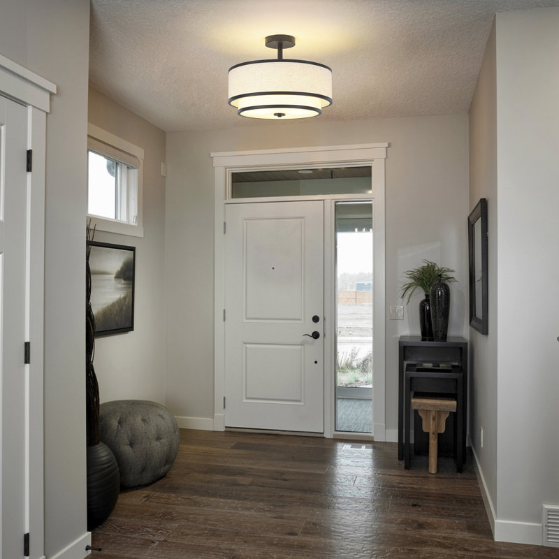 Matte Black Double Drum Semi Flush Mount Ceiling Light with Fabric Shade