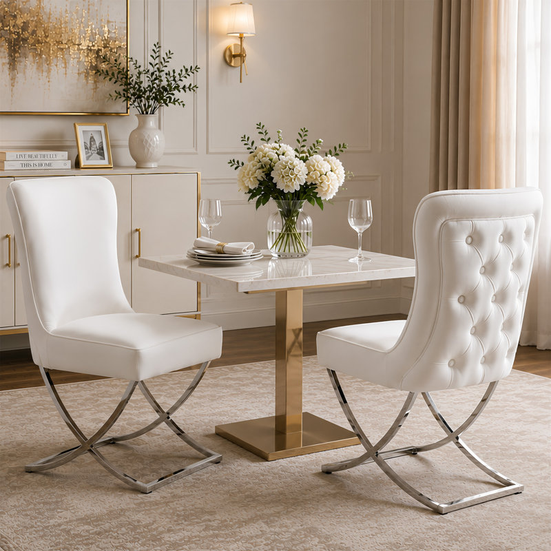 Chaise de salle à manger capitonnée en velours avec pieds en X argentés, Beige