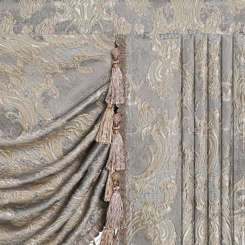 Cantonnière à feston classique avec pampilles, cantonnière en jacquard gris clair, habillage de fenêtre 1 panneau