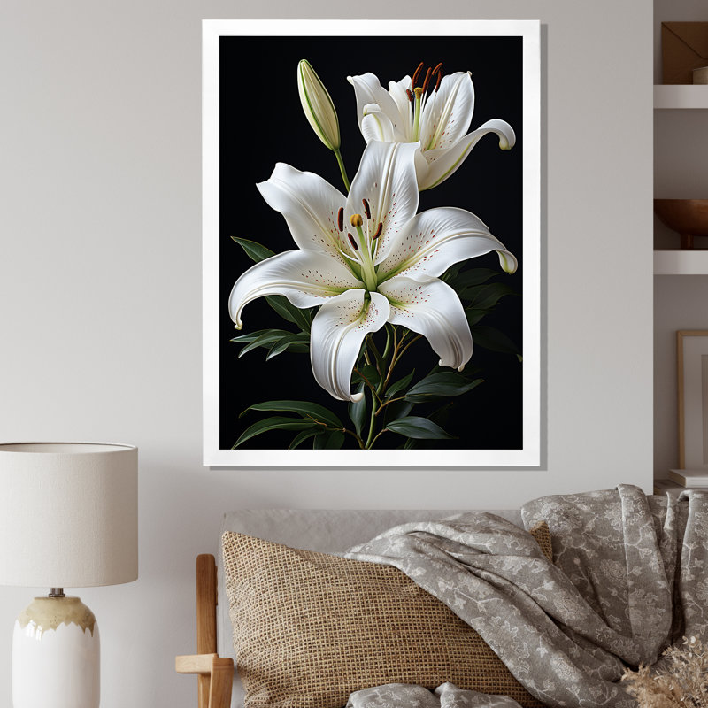«Black White Lily Exquis II» - lys, impressions sur toile, H 20 po x l 12 po x P 1 po, Cadre simple blanc