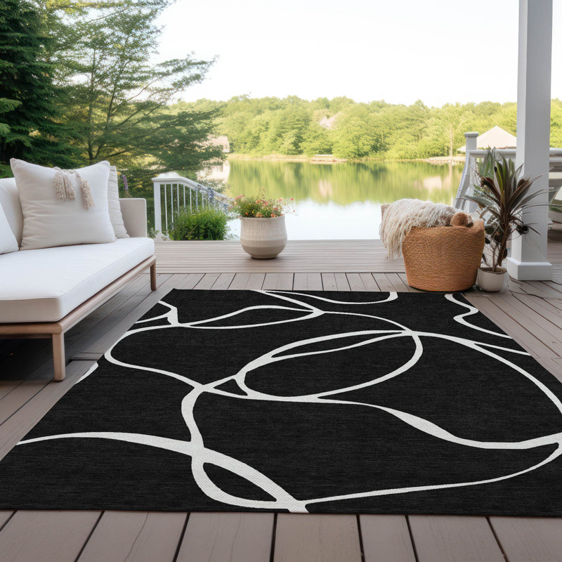 Black and White Abstract Pattern Washable Synthetic Area Rug, 5' x 7'
