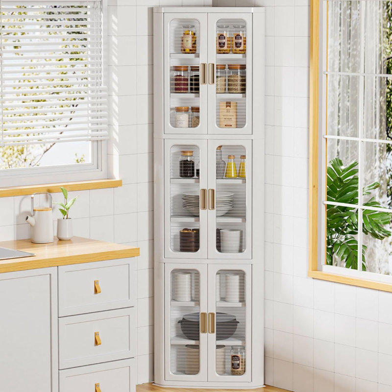 64'' Tall Corner Storage Cabinet with Doors & Shelves, White Bathroom Organizer, Kitchen Pantry, Living Room Display Cabinet, White Bookcase