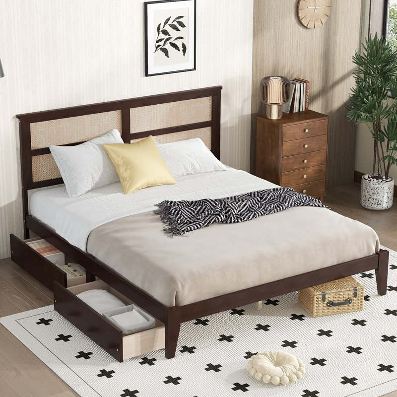 Bed with Rattan Headboard, Two Storage Drawers, Rubber Wood Bed with Enhanced Support Salts and Feet, Espresso, King