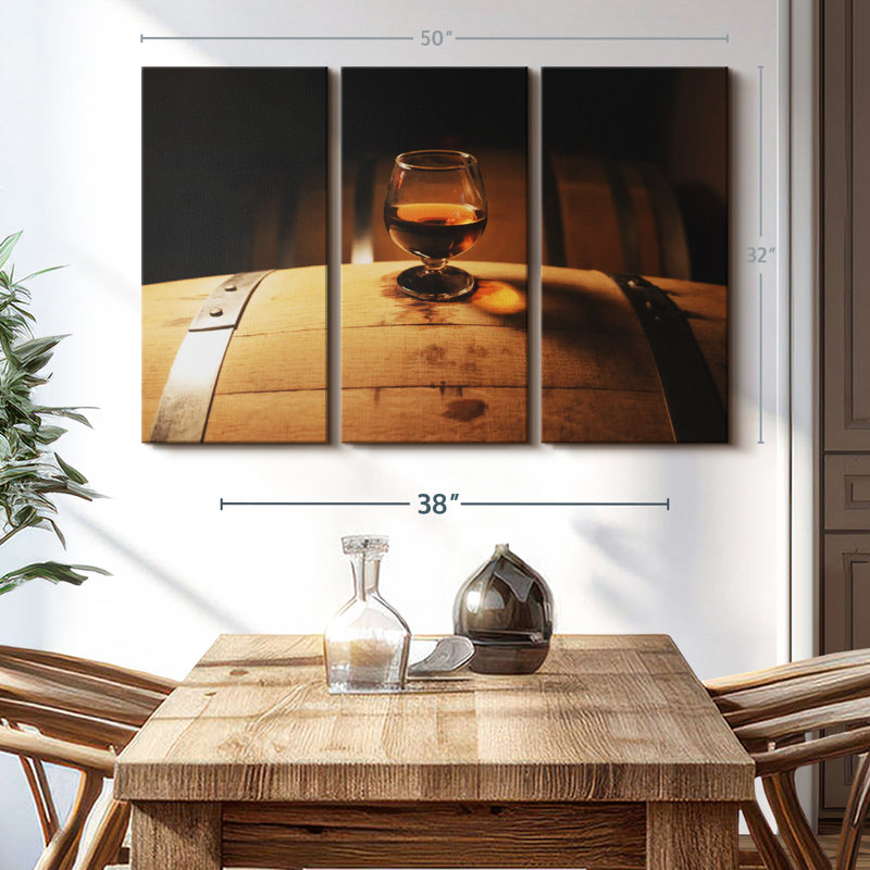 «Whiskey Glass On Barrel» sur toile, H 32 po x l 50 po x P 1,25 po