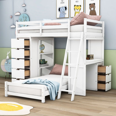 Jacquelina Kids Twin over Twin 8 Drawers Wooden Bunk Bed with LED Light and USB Ports