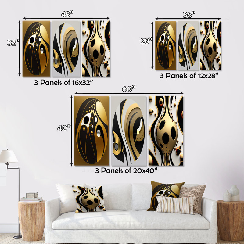 Axelle sphère dorée et noire III sur toile, 3 pièces, H 40 po x l 60 po x P 1 po