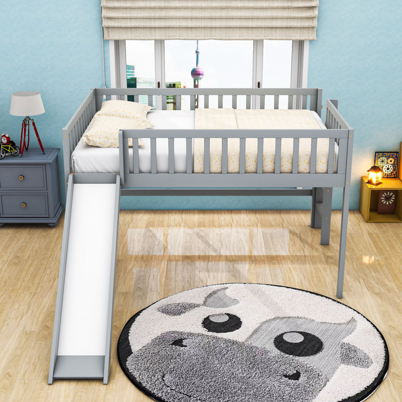 Lit mezzanine double en bois pleine grandeur avec glissade, Gris