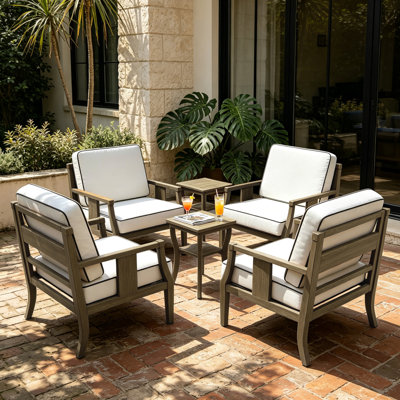 Teak Outdoor Four-person Conversation Set With Cushion And Two Side Tables