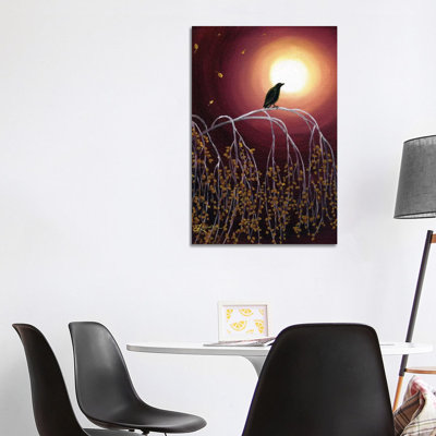 Black Crow On White Birch Branches 1 Piece Wrapped Canvas Painting