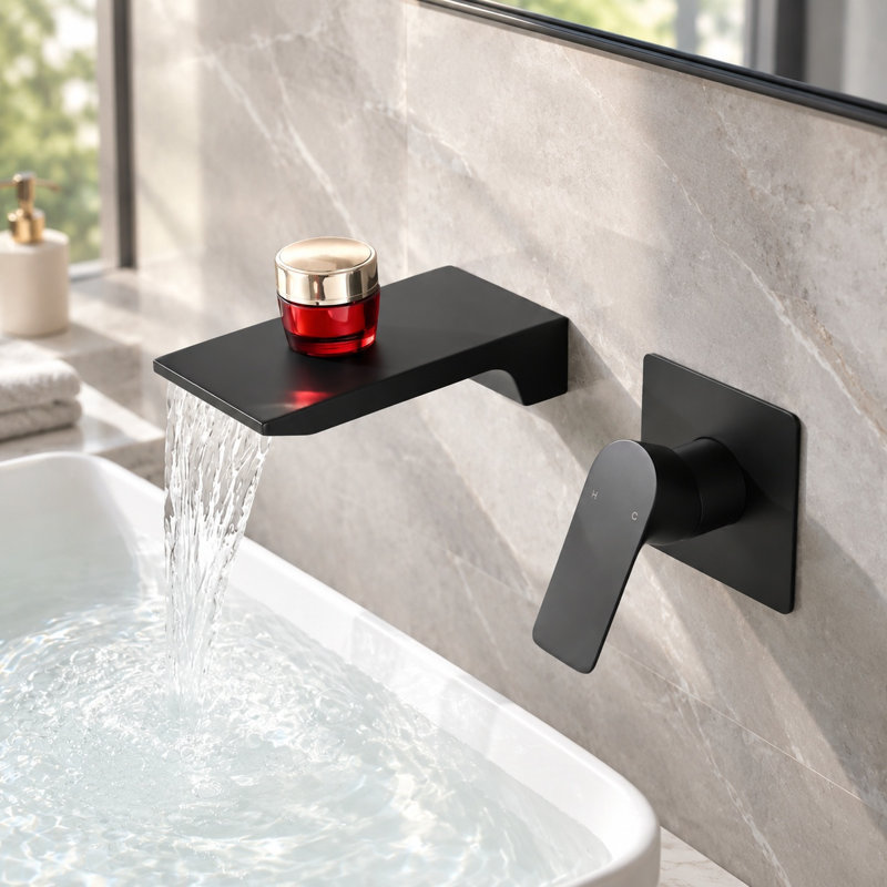 Robinet de lavabo mural noir mat avec bec en cascade et robinet d'encastrement