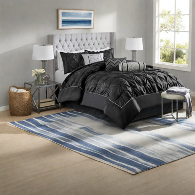 Elegant Tufted Black Bedding Sets, Polyester Queen Comfort For Home