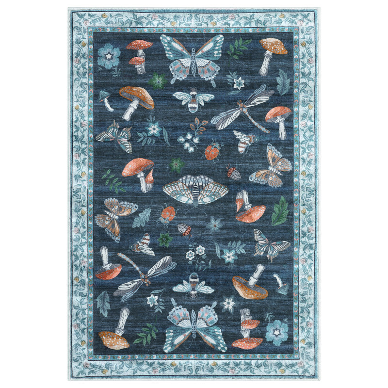Floral Machine Washable Rug with Non-Slip Backing, Soft Thin Low Pile Non Shedding Floor Carpet, Indoor Foldable Printed Accent Mat for Living Room/Nursery/Bedroom