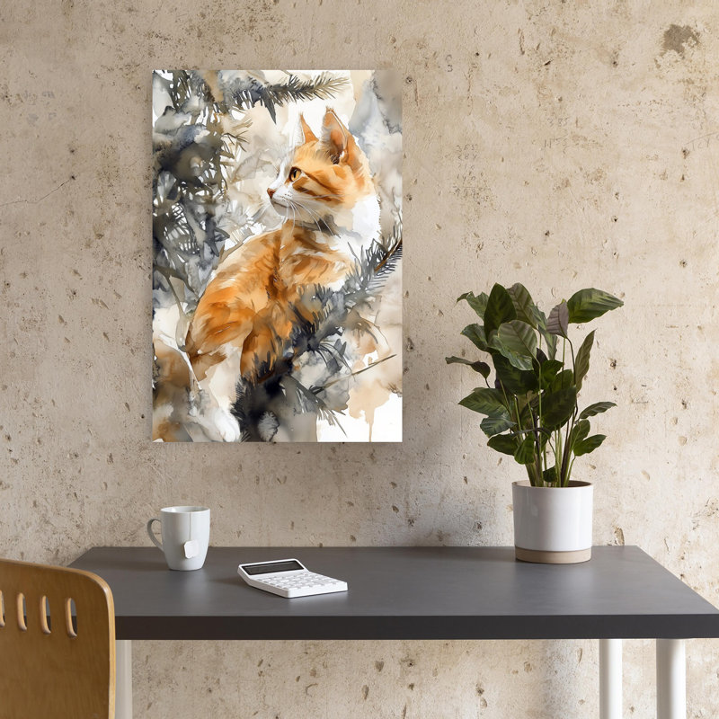 Chat orange, aquarelle abstraite, paix sereine, pin, forêt, art mural, H 18 po x l 12 po
