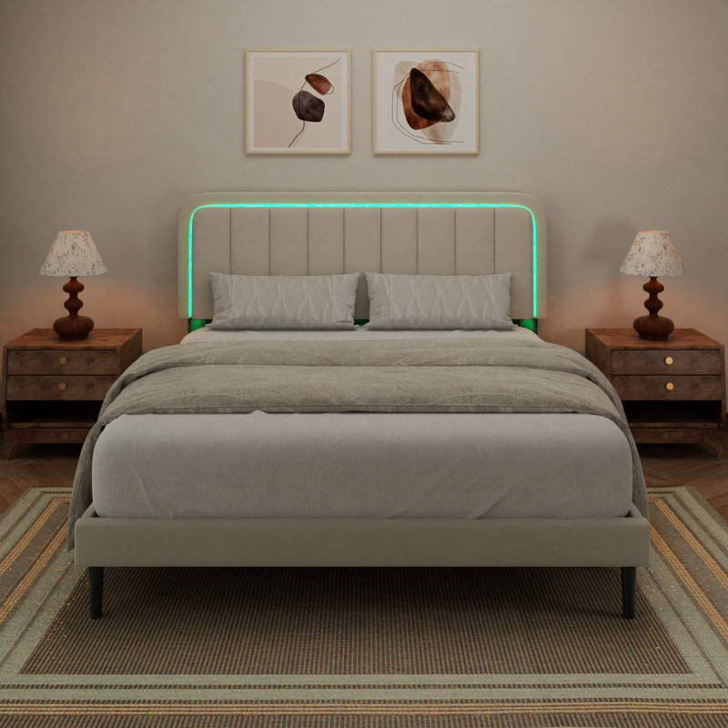 Upholstered Platform Bed with Adjustable Headboard and LED Lights, Queen
