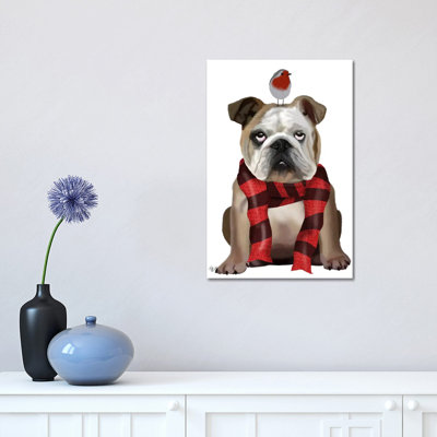 English Bulldog, Scarf And Robin by Fab Funky - Wrapped Canvas Gallery-Wrapped Canvas Giclée