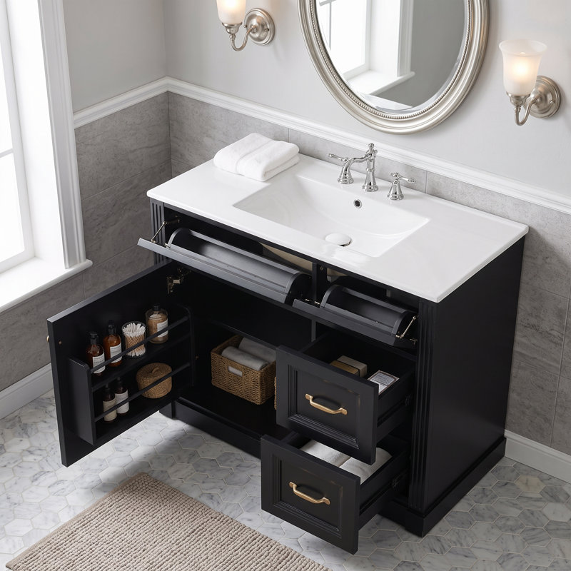 Meuble-lavabo autoportant de 91 cm (36 po) avec lavabo simple, noir, comptoir en céramique et porte d'armoire à fermeture amortie.