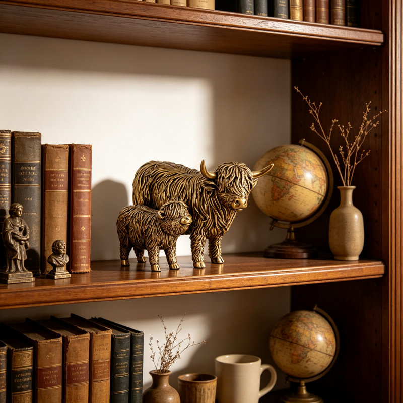 Figurine décorative de vache et de veau Highland en polyrésine bronze antique