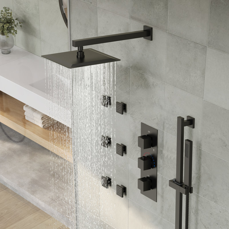 Thermostatic Shower System,12" High-Pressure Rainfall Shower Faucet With Rough-In Valve, Matte Black