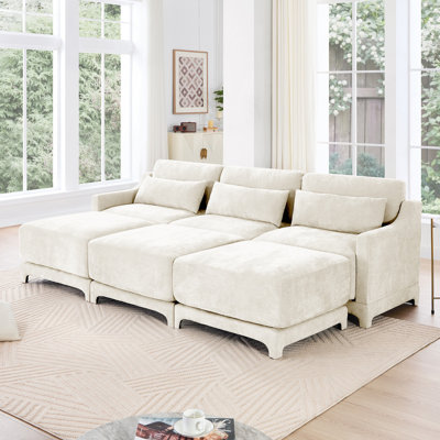 Three - Seater Sofa, 3 Movable Ottomans, Equipped With Lumbar Pillow,Chenille Fabric, High Quality Wooden Base, Ergonomic Design, High - Resilience Sponge, Easy To Install, Suits Studies,  Beige