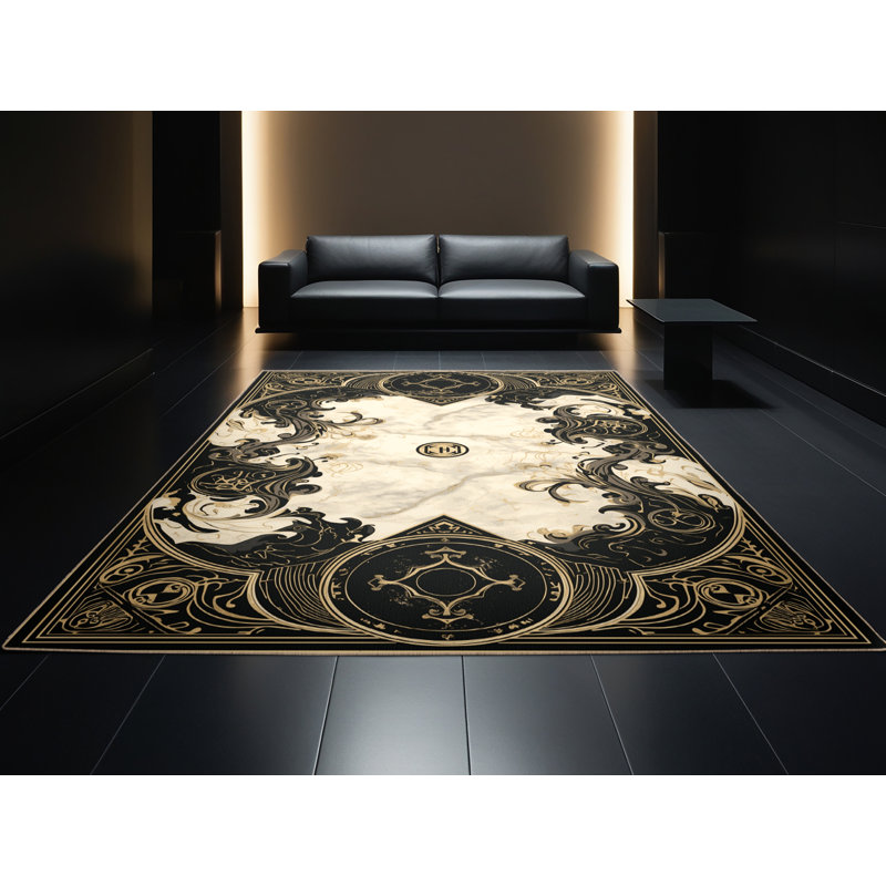 Machine Washable Orlena Glam Marble Rug in Green – Beige Binding, 7 x 9