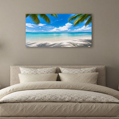 Canvas Wall Art Tropical Beach Turquoise Water Palm Tree Shadows Sunny Blue Sky Wall Decor for Living Room Bathroom Bedroom Office 20"H x 40"W Art Paintings, Ready to Hang