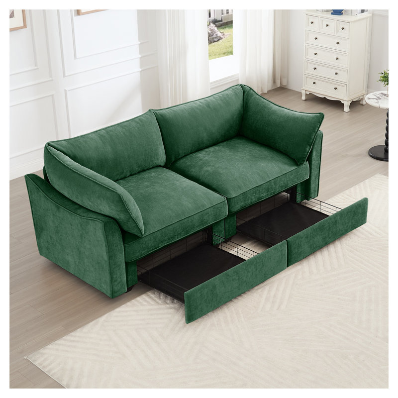 Canapé à 2 places en chenille vert avec tiroirs de rangement coulissants et accoudoirs en forme de croissant - Causeuse moderne peu encombrante pour les petits salons