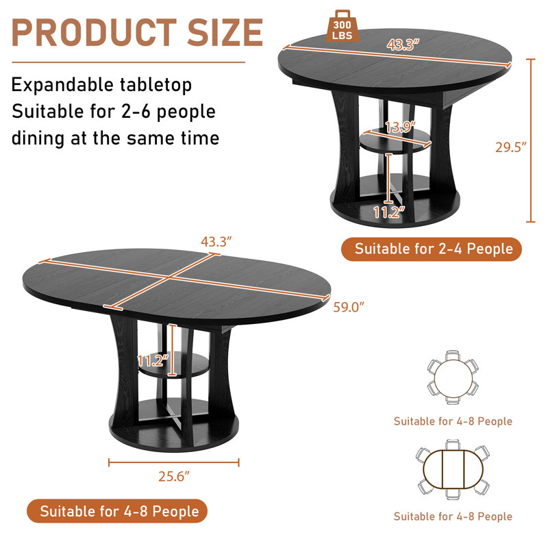 Table de salle à manger extensible de 44 po pour 4 à 8 personnes, table de salle à manger ronde avec panneau de fibres à densité moyenne résistant aux égratignures, table de cuisine moderne avec glissement et rangement silencieux, table de salle à manger, noir