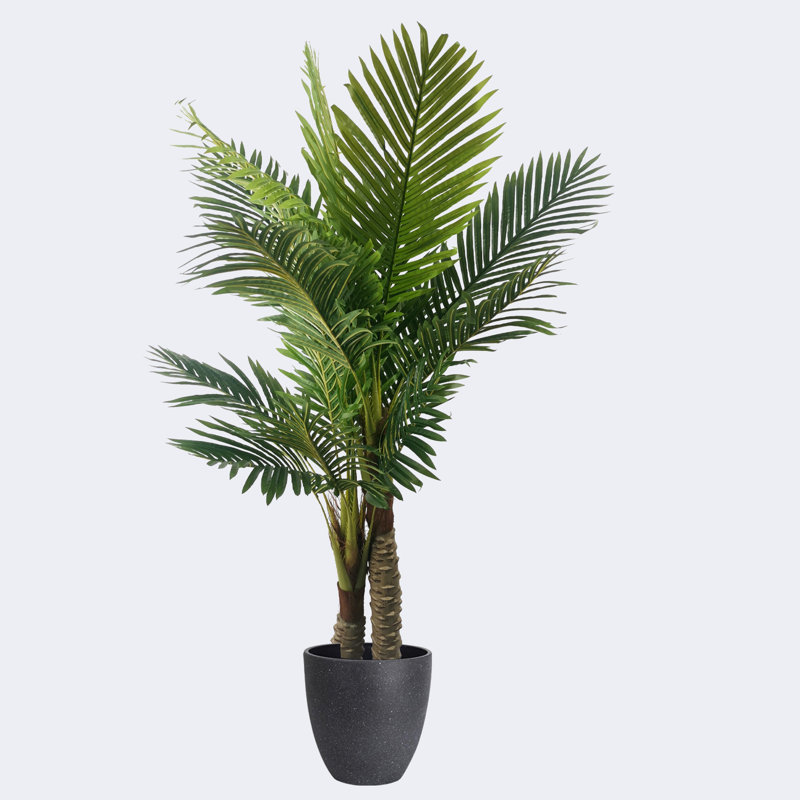 Palmier artificiel de type C et pots ronds en résine avec plateau, Noir, H 27,56 po x l 71,65 po x P 27,56 po