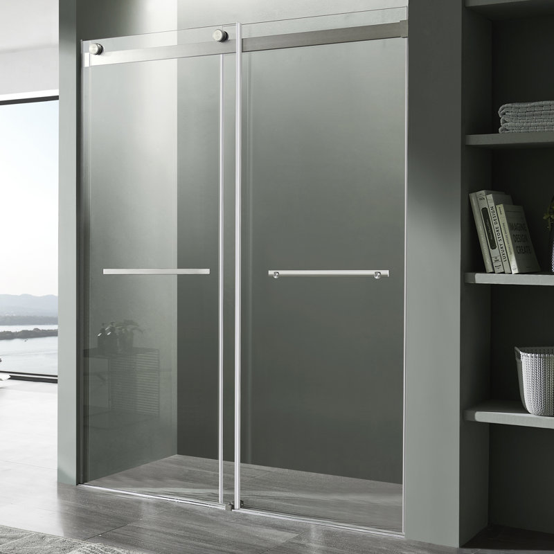Porte de douche coulissante sans cadre Kahn Série 57 à 60 po x 76 po, en nickel brossé et verre trempé, Nickel brossé