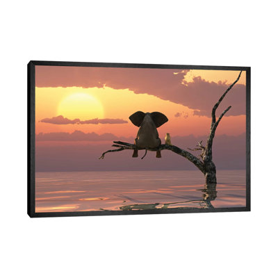 Elephant and Dog Sit on a Tree During a Flood 1 Piece Wall Art on Canvas