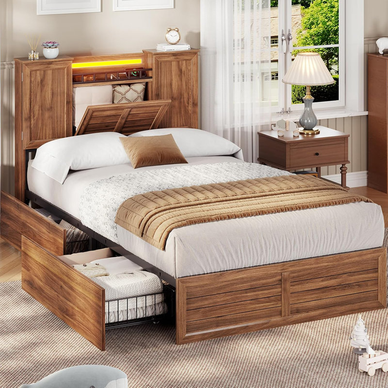 Farmhouse Bed Frame With Double Barn Door Storage Headboard Rustic Wooden Bed With 4 Drawers And Led Lights, Twin, Brown
