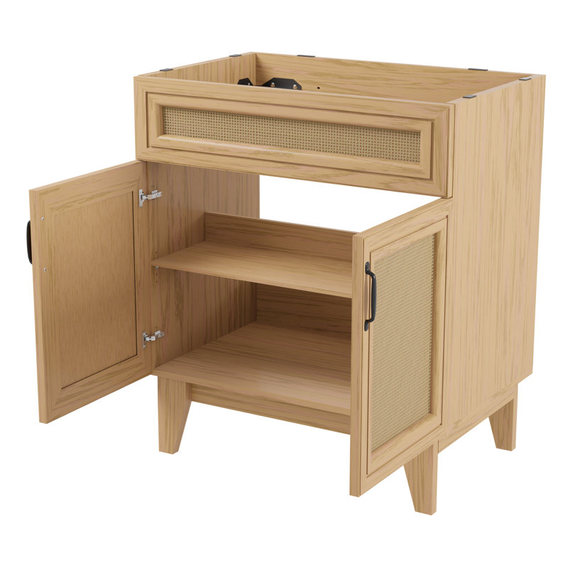 Javer 30 in. W x 18 in. D x 33 in. H Bohemian Rattan Freestanding 2-Shelf Bath Vanity Cabinet Base Only (Sink Basin not Included), Oak