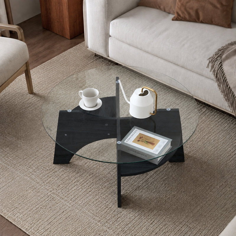 Table basse ronde moderne en verre trempé avec base en éventail et tablette de rangement ouverte, Transparent/noir