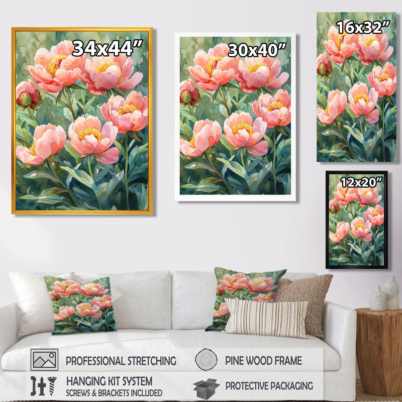 Pivoines dans le potager I - pivoines, art mural, H 40 po x l 30 po, Reproduction avec cadre flottant, Brun