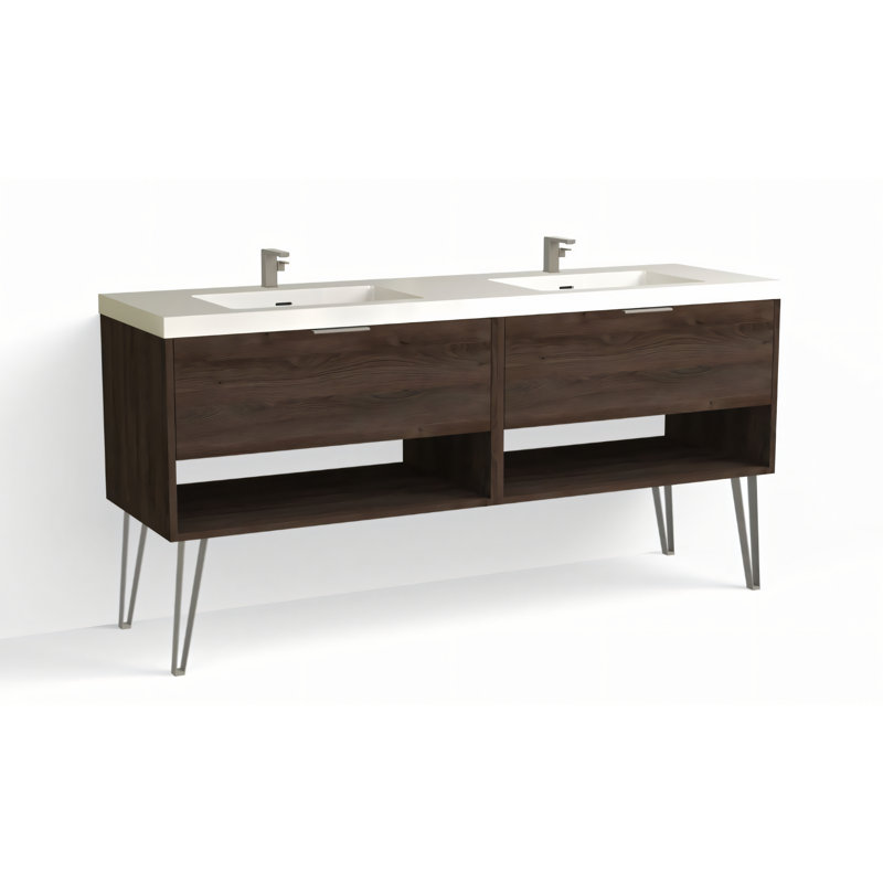 Modo 72" W Freestanding Double Bathroom Vanity with Dawson Leg, Glossy White/Single, Charred, Satin Nickel