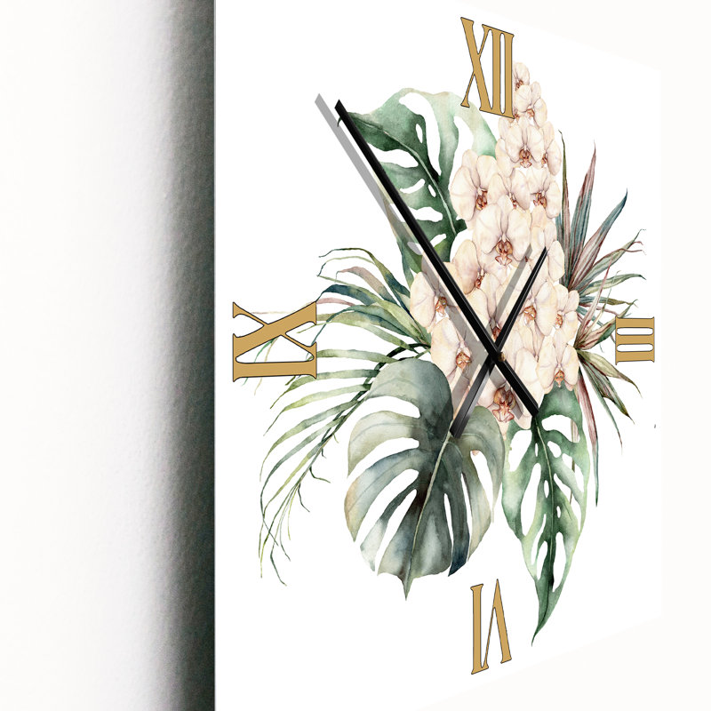 Horloge murale Bouquet avec orchidées Monstera et feuilles de noix de coco, Très grand