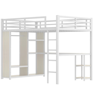 Queen Loft Bed, Heavy Duty Metal Loft Beds With Built-In Wardrobe, Space Saving Metal Loft Bed Frame With Desk And Storage Shelves For Dormitories And