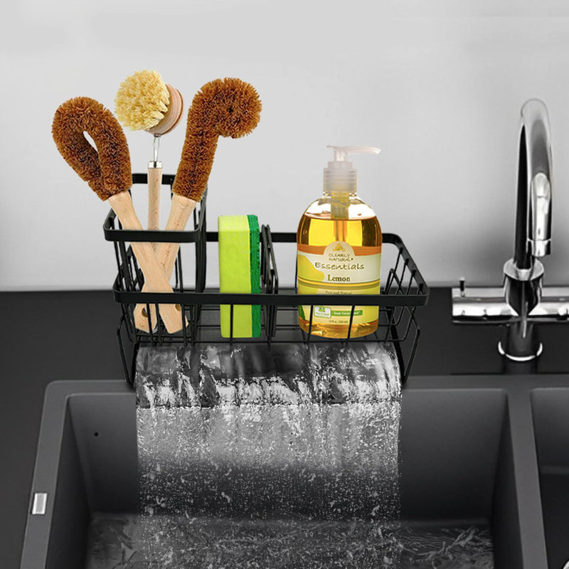Support de rangement pour évier de cuisine - Métal antirouille avec drainage, réglable et peu encombrant, multi-compartiments pour éponges et brosses - Noir