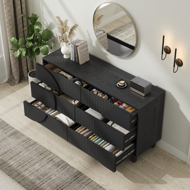 Commode 60 po à 6 tiroirs avec pieds en bois massif Talon, Noir carbone