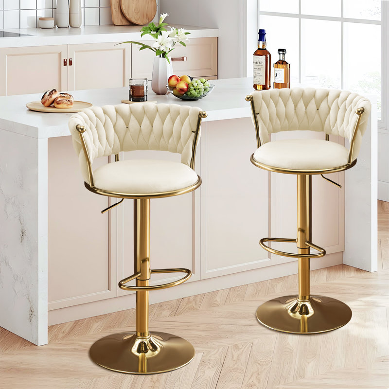 Velvet Adjustable Height Swivel Bar Stool Set of 2, Modern Woven Counter Stool with Golden Base for Kitchen Island (Set of 2, Beige)