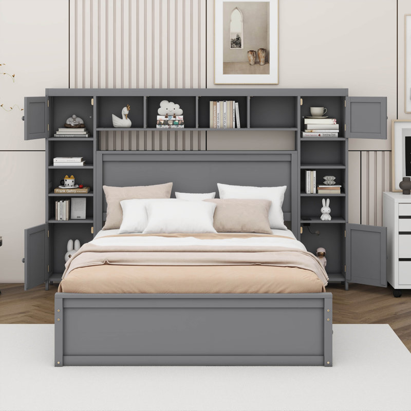 Grand lit en bois avec armoire intégrée, tablette et prises électriques, gris