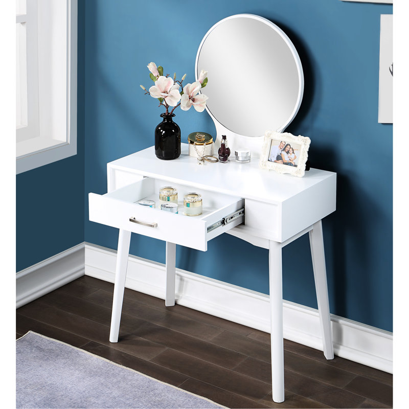 Wood Vanity And Stool In White - Functional Elegant Add Style To Your Room Stylish With Storage Drawer For Makeup Essentials Solid Construction