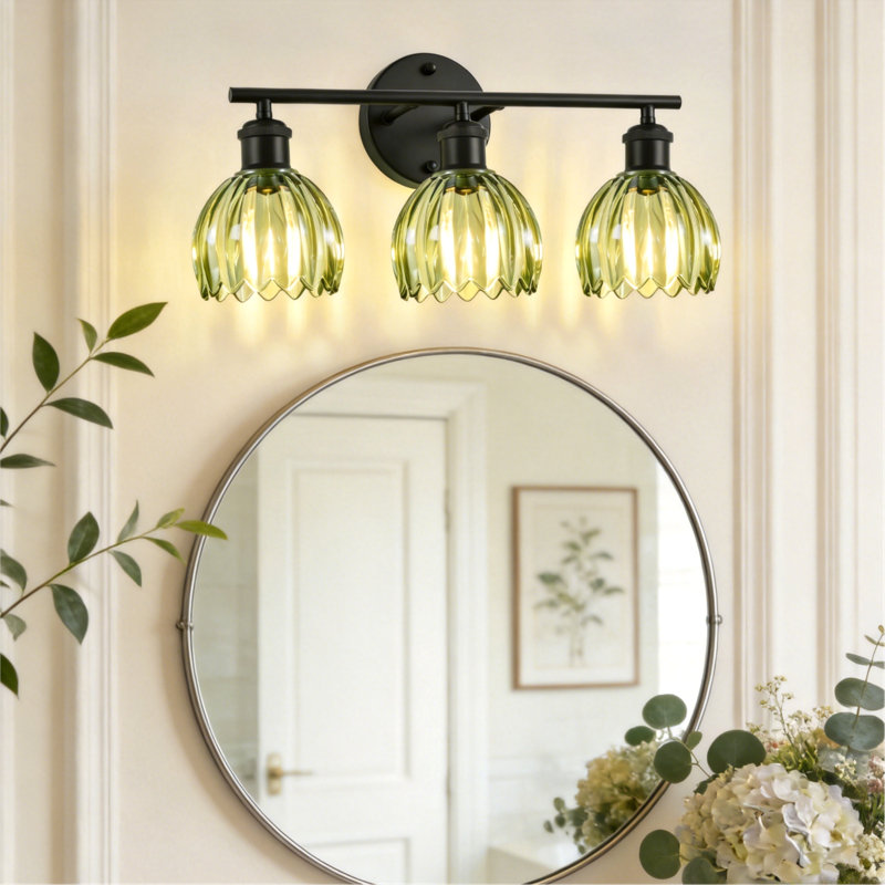 19.3 Inch 3-light Vanity Light Fixtures In Matte Black With Green Tulip Glass Shades, Modern Bathroom Wall Lighting, 3