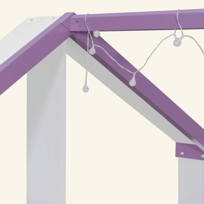Structure de lit House avec lit gigogne escamotable, tablettes de rangement à queue et lumières DEL blanc froid, White+Purple