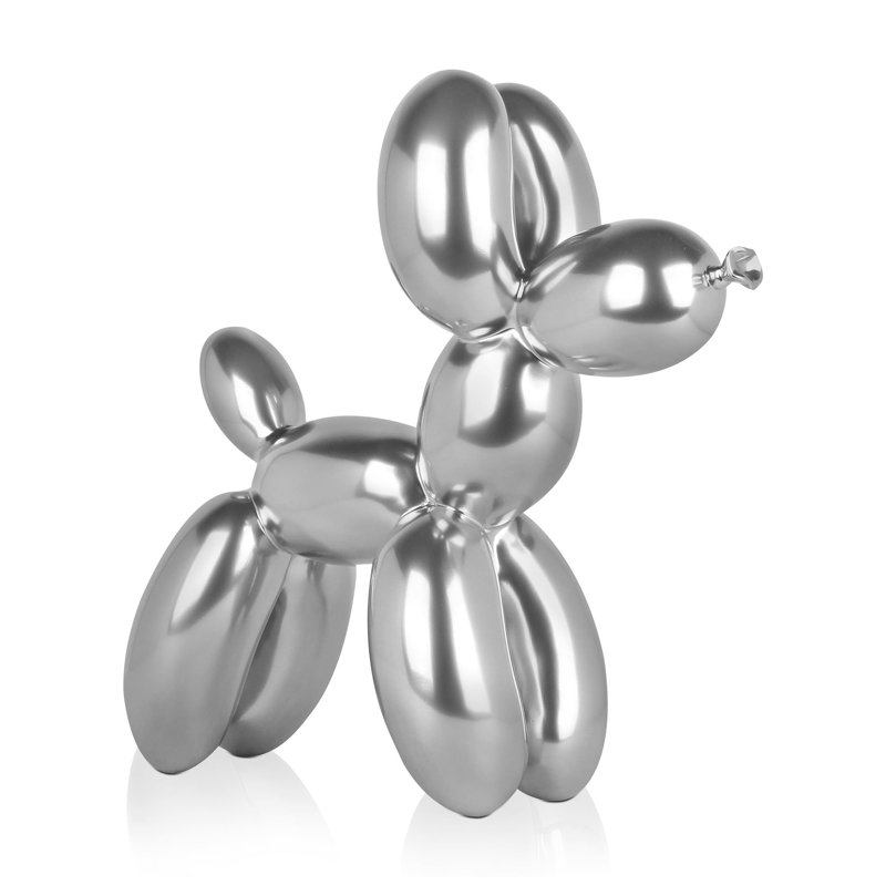 Dog Balloon Large Resin Statue, 46cm H x 50cm W x 18cm D, Silver Gloss