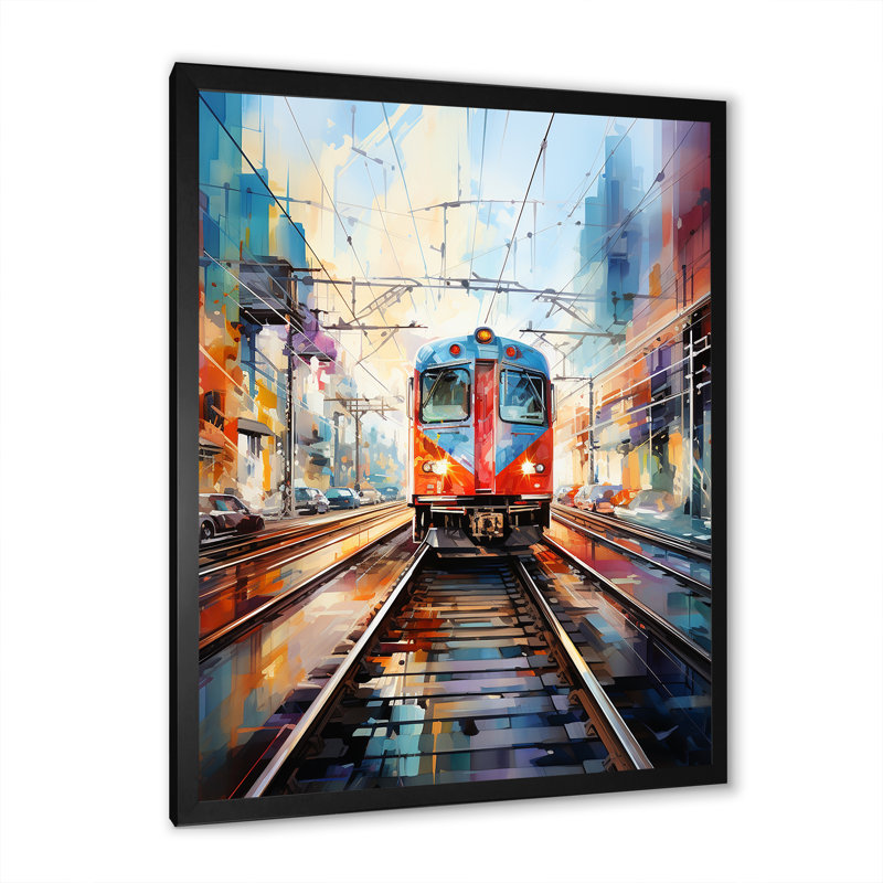 Train coloré I - salon d'art mural moderne, H 20 po x l 12 po x P 1 po, Cadre photo noir
