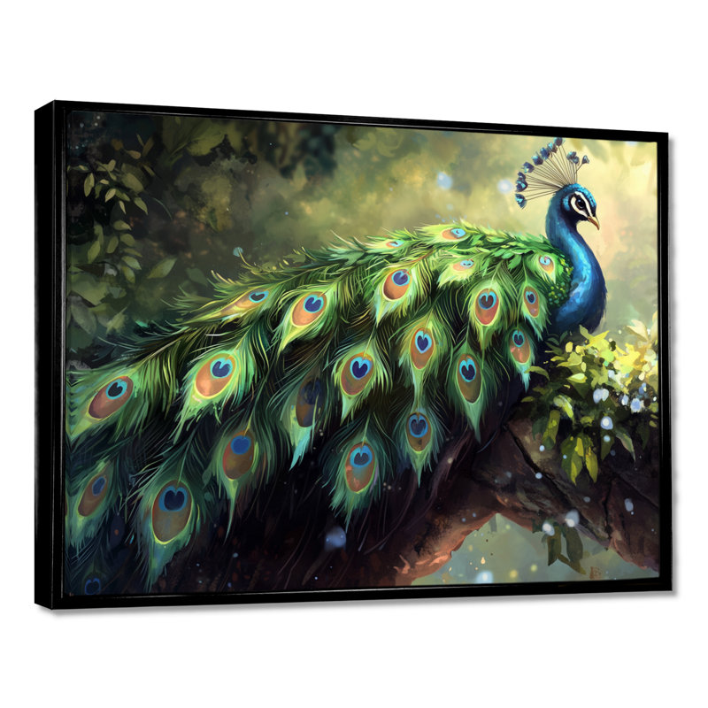 Royal Peacock Feather Show I - paon, art mural, H 30 po x l 40 po, Noir, Cadre flottant