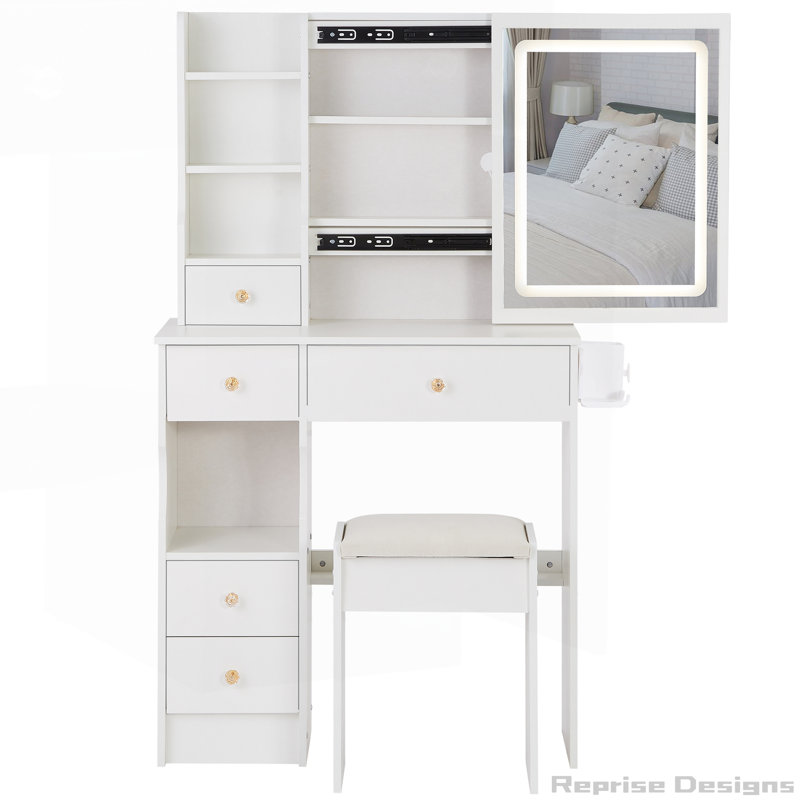 29.2" Small Size Left Drawer Desktop Vanity Table with Cushioned Stool and Power Station,Sliding LED Mirror, White