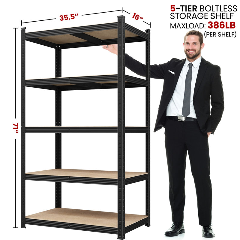 Lundys 71" H x 35.5" W x 16" D 5-Tier Adjustable Metal MDF Storage Rack Shelves Boltless Shelving, Black